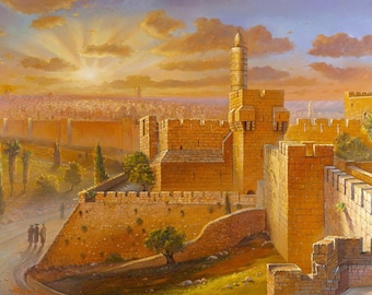 Migdal David Jerusalem Painting – Tower of David Art, Framed Canvas, Metal, Acrylic Glass