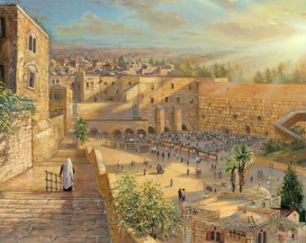 Sunrise Behind The Kotel Original Jerusalem Painting available as print on Canvas or Metal, Made in Israel