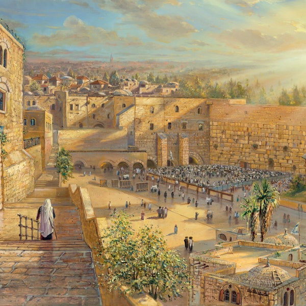 Sunrise Behind The Kotel Original Jerusalem Painting available as print on Canvas or Metal, Made in Israel