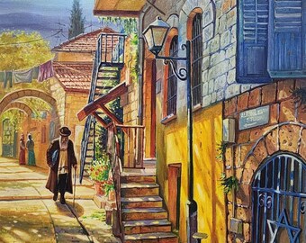 Impresión de las calles de Tzfat: obra de arte judaica moderna (lienzo o acrílico)