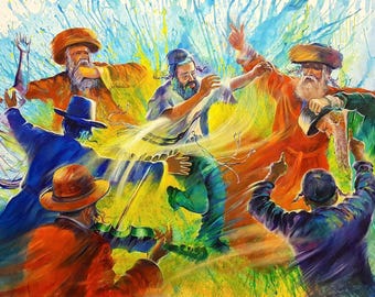 Jewish Dance Art Print – Hasidic Men Dancing, Violin Music, Vibrant Colors (Canvas, Metal, Acrylic)