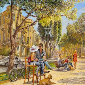 On Tel Aviv's Rothschild Boulevard. Painting of Tel Aviv by Alex Levin, Giclée