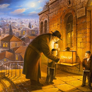 Hanukkah In Jerusalem, Original painting of that comes in print on Canvas Fine Art & Prints Made in Israel by Artist Alex Levin, Giclée