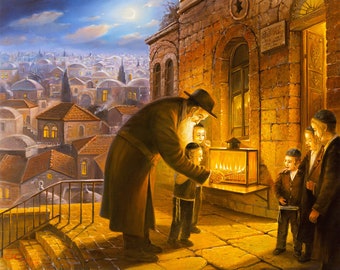Hanukkah In Jerusalem, Original painting of that comes in print on Canvas Fine Art & Prints Made in Israel by Artist Alex Levin, Giclée