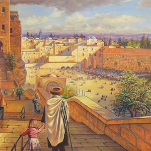 Family Journey to the Western Wall in Jerusalem painting comes in print on Canvas, Fine Art Made in Israel by Artist Alex Levin, Giclée