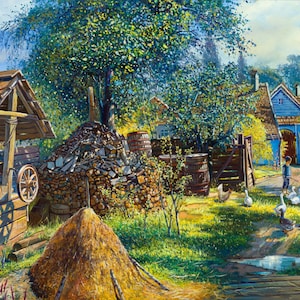 Life in shtetl. Jewish Painting Judaica Fine Art, Giclée