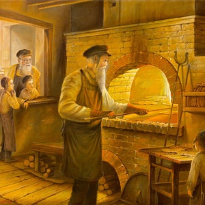 Elaboración de matzá. Pintura judía. Arte judaico, Giclée.