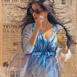 Lady In Blue, Painting of Tel Aviv by Alex Levin, Israel, Giclée