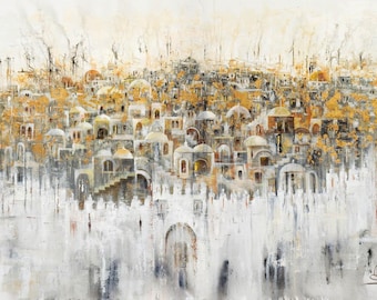 Golden Silhouettes of Jerusalem - Kotel Art, Canvas Framed, Metal Print or Acrylic Glass