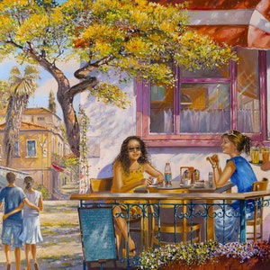 Breakfast In Tel Aviv's Café. Painting of Tel Aviv by Alex Levin, Giclée