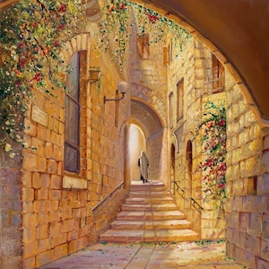 Street in the old City of Jerusalem Painting that comes in print on Canvas or Metal, Fine Art & Prints Made in Israel by Artist Alex Levin