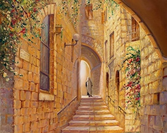 Jerusalem Street Painting: Old City Fine Art Print on Canvas or Metal