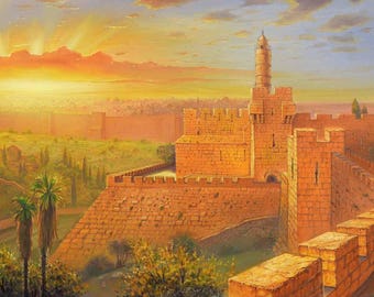 Golden Serenade Jerusalem Painting – Old City Walls, Jewish Art (Canvas, Metal, Acrylic)