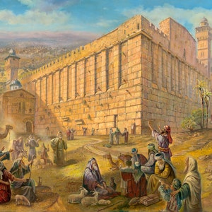 Pilgrims By The Cave Of Machpelah in Hebron - Tomb Of The Patriarchs. Jewish Painting Judaica Fine Art, Giclée