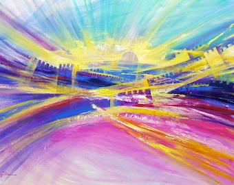 Sunrise in Holy Jerusalem Original Painting Modern Abstract Contemporary Jewish Artwork available as print on Canvas, Made in Israel, Giclée