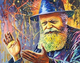 Abstract Jewish Portrait Art – Lubavitcher Rebbe Energy Canvas, Metal, Acrylic