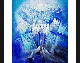 Jerusalem Rhapsody In Blue, Fine Art On Paper 22&quot;x30&quot;, Framed and protected plexiglass. Artwork by Alex Levin, Israel