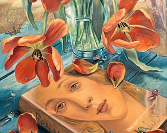 Muurkunst vrouw gezicht: surrealistisch bloemenportret (canvas- of metaalprint)