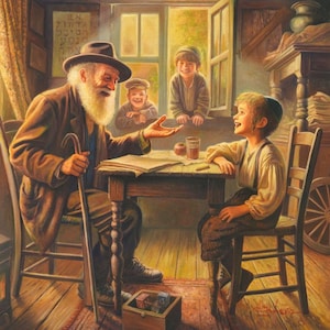 Jewish Shtetl Painting: Laughter and Learning Art Print, Framed Canvas