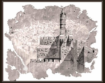 City of David Artwork – Modern Monochrome Judaica Jerusalem Wall Art