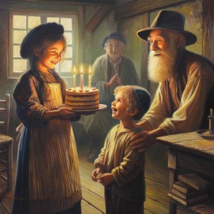 Jewish Birthday Painting: Shtetl Celebration Art, Made in Israel by Alex Levin