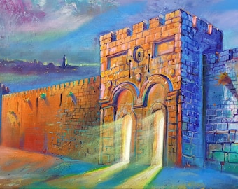 Glow From The Golden Gate In Jerusalem Original Painting Modern Contemporary Jewish Artwork available as print on Canvas, Made in Israel
