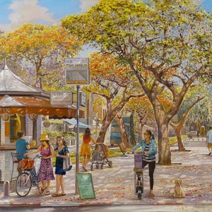 Rothschild Street Wears Red. Painting of Tel Aviv by Alex Levin, Giclée