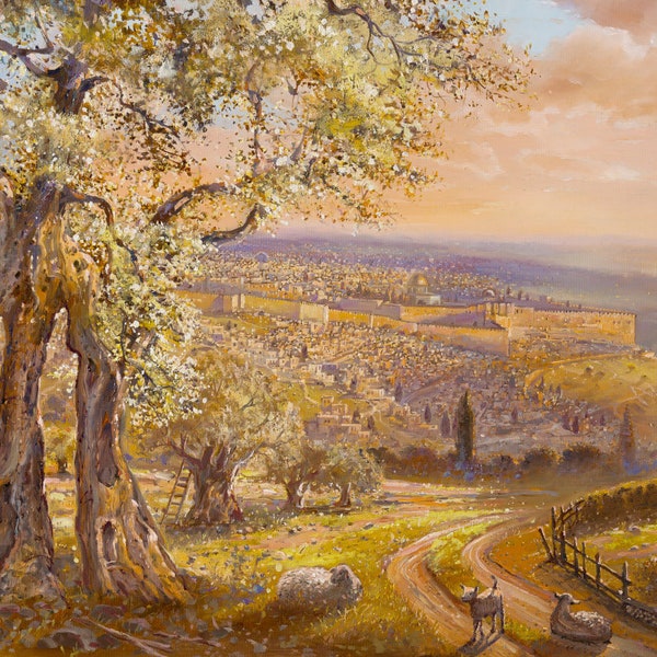 Old Jerusalem behind the olive tree original painting that comes in print on Canvas, Fine Art & Prints Made in Israel by Artist Alex Levin