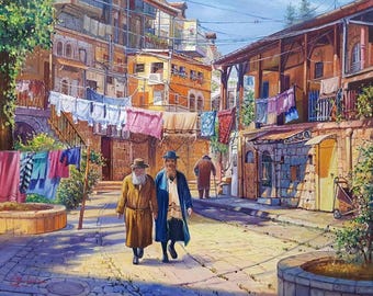 Ultra Orthodox Jerusalem Mea Shearim Painting, Jewish Art, Wall Decor (Canvas, Metal, Acrylic)