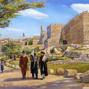 Sabbath walk by the David&#39;s Tower in Jerusalem Painting comes in print on Canvas, Fine Art & Prints Made in Israel by Artist Alex Levin