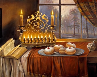 La magica luce dell'arte di Hanukkah - Decorazione murale ebraica, tela incorniciata, metallo, vetro acrilico