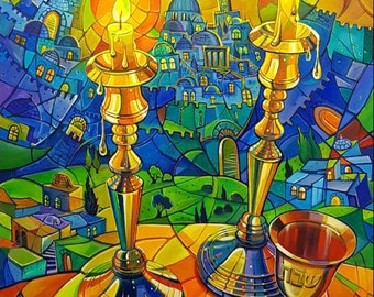 Shabbat In Jerusalem Original Painting Modern Abstract Contemporary Jewish Artwork available as print on Canvas, Made in Israel by A. Levin