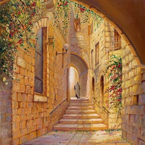 Street in the old City of Jerusalem Painting that comes in print on Canvas or Metal, Fine Art & Prints Made in Israel by Artist Alex Levin