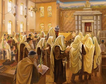 Sukkot w Kfar – malarstwo Chabad – Alex Levin Judaica Wall Art (płótno, metal, akryl)