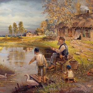 Het leven in Shtetl. Joods schilderij Judaïca Fine Art print op canvas of metaal Rabbi Art Unieke Chanoekacadeaus Joods decor Home Blessing Art