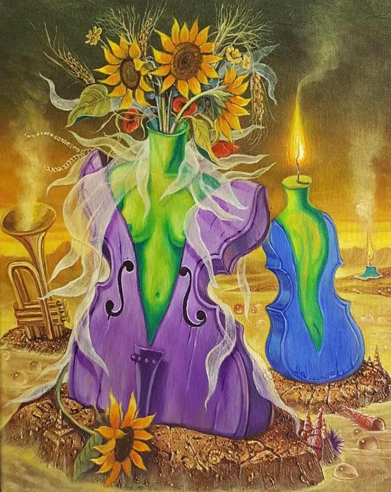 シュールレアリズムアートプリント「音楽とミューズ」 - キャンバス