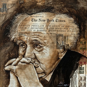Zionists Proclaim New State Of Israel, Painting on Vintage Israeli Newspapers, Print on Canvas, Framed, Giclée Made in Israel by Alex Levin