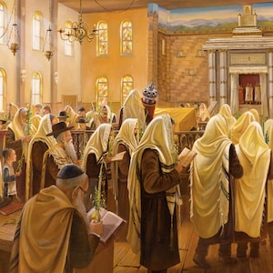 Sukkot In der Kfar Chabad Synagoge. Jüdische Malerei Jejuda, Giclée