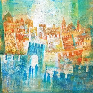 Jerusalem light radiating out into the world Modern Abstract Contemporary Artwork on Canvas for Wall Home Decoration by A. Levin, Giclée