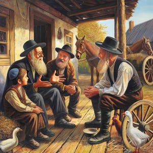 Jewish Shtetl Painting: Tales on the Porch, Judaica Art Print