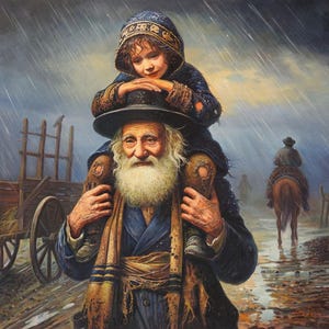 Shtetl Painting: Grandfather&#39;s Journey, Jewish Art Print on Canvas