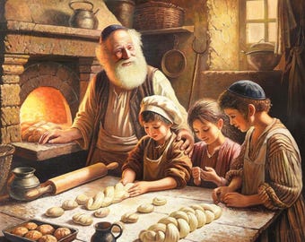 Att göra Challah med Zaide före Shabbos – Alex Levin Judaica väggkonst (Duk, Metall, Akryl)