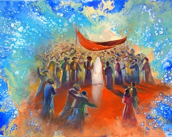 Surrounding Energy Of Chuppah Ceremony Original Painting Abstract Contemporary Jewish Artwork available as print on Canvas, Made in Israel