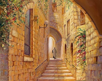 Jerusalem Old City Street Art Print – Alex Levin Painting, Framed Canvas, Metal, Acrylic Glass