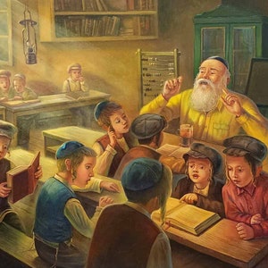 An Afternoon in the Shtetls Hebrew School. Jewish Painting Judaica Fine Art, Giclée on canvas and Metal, Made in Israel