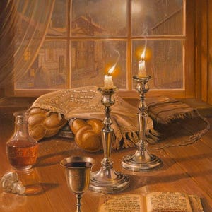 Shabbat Shalom. Jewish Painting of are candles lit on Friday evening before sunset to usher in the Jewish Sabbath, Art by Alex Levin, Israel