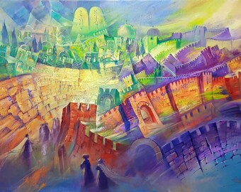 The Sounds Of Jerusalem Modern Abstract Contemporary Jewish Artwork on Canvas for Wall Home Decor by A. Levin, Giclée
