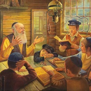 Lesson in the Hebrew school in shtetl. Jewish Painting Judaica Fine Art, Giclée on canvas and Metal, Made in Israel
