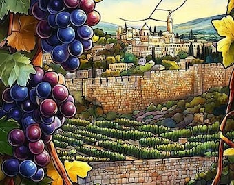 Grapes of Light Jerusalem Hills Art – Seven Species Israel Landscape (Canvas, Metal, Acrylic)