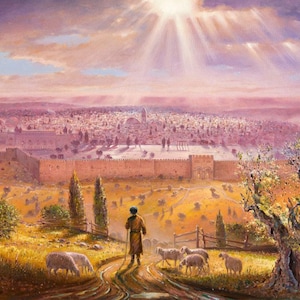 Coming home an Original painting of Jerusalem and sheepard on hill that comes in print on Canvas or Metal, Fine Art & Print Made in Israel